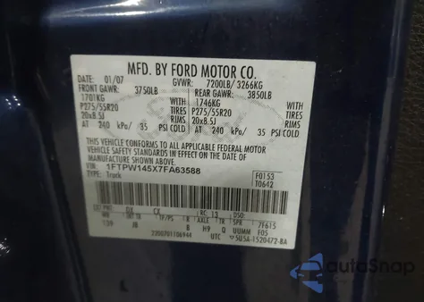 2007 Ford F-150 Fx4/Lariat/Xlt z USA, uszkodzony, nr VIN 1FTPW145X7FA63588